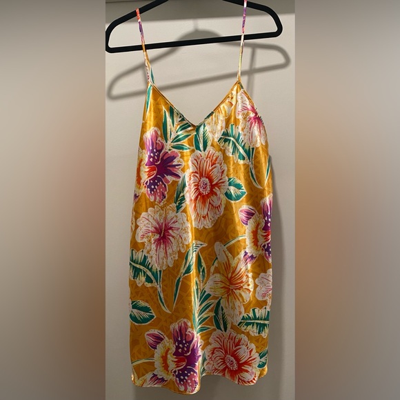 VTG Romantic Moods 90s Y2K Yellow Tropical Floral Cami Slip Mini Dress - L - Picture 7 of 15